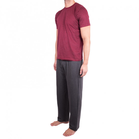 Pánské dlouhé pyžamo Molvy šedo červené proužky (KT-019)