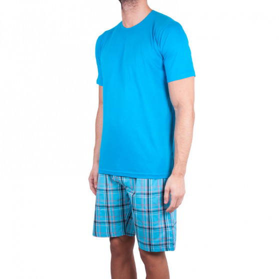 Pánské krátké pyžamo Molvy modré s kostkovanými kalhotami